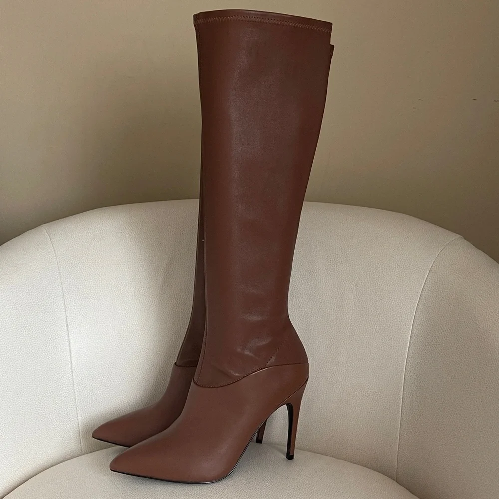 NEW REISS 20”
Carina Pointed Toe Knee High Heel Brown Leather Stiletto Boots - Picture 2 of 13